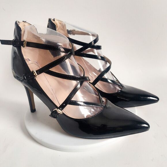 Marc Fisher Heels 7.5 M Black Strappy Patent Leather Sandals Danger Pointy Toe - Picture 1 of 10